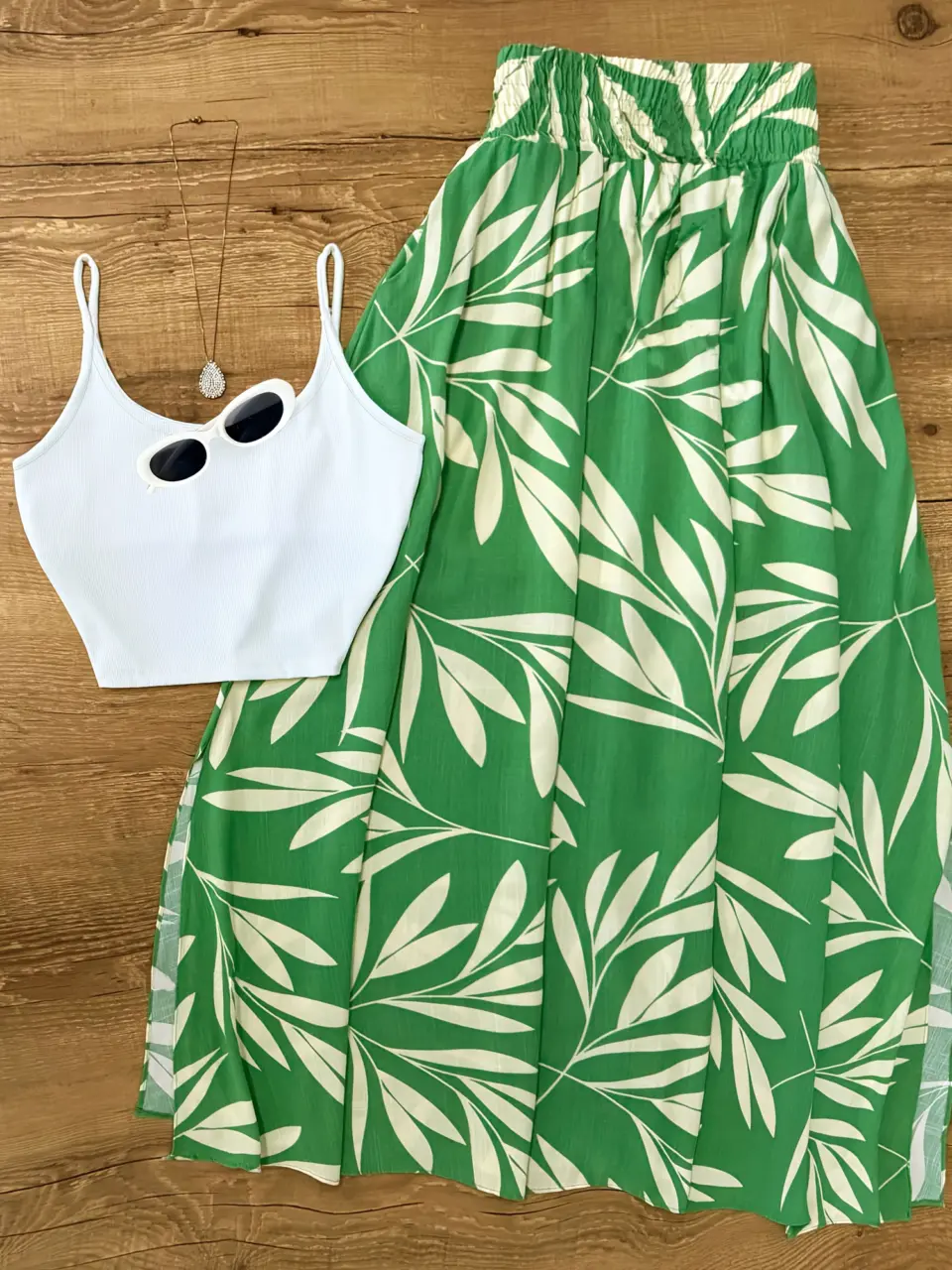 Women's Green Leaf Print Cami and Skirt Set