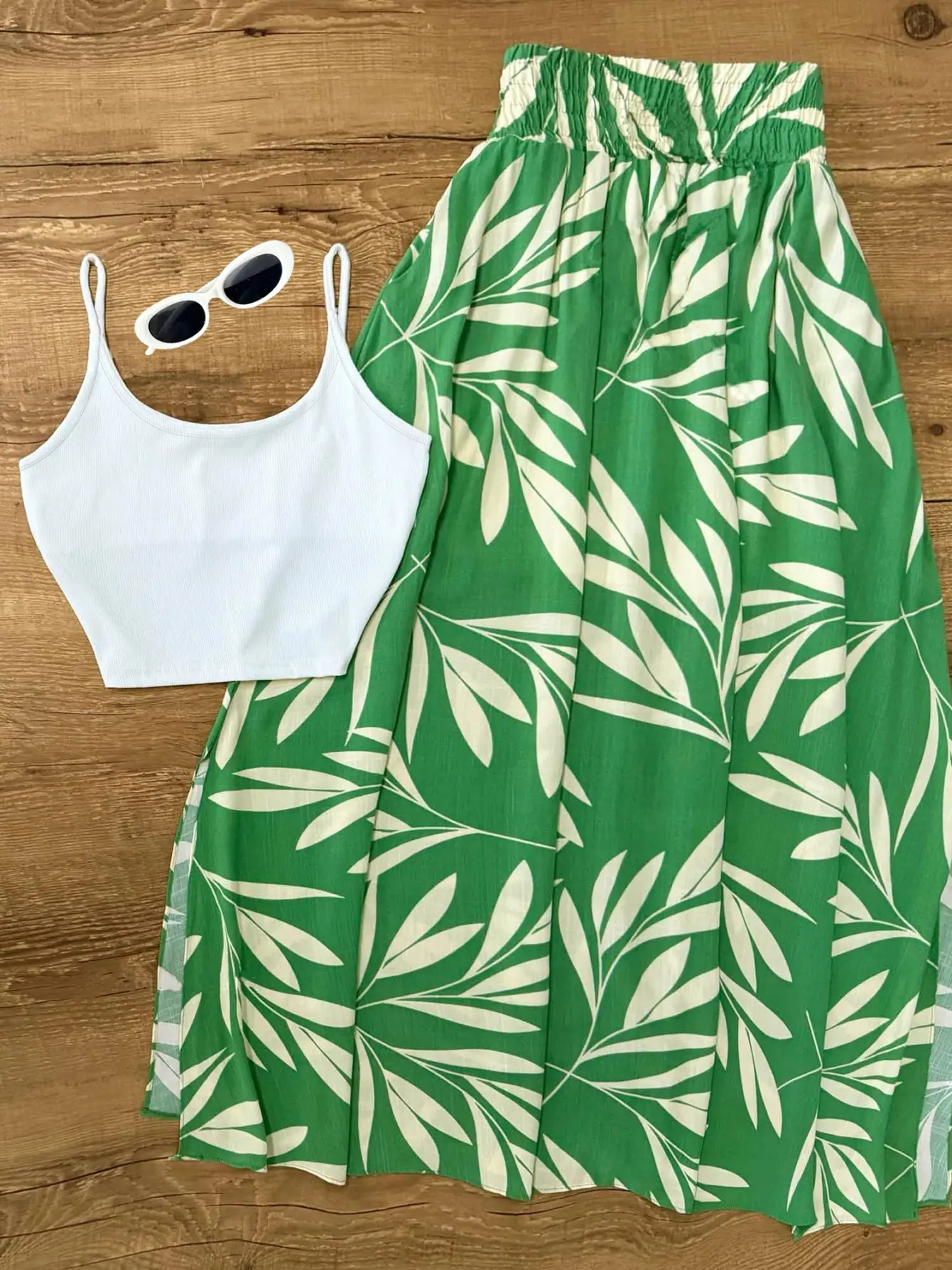 Women’s Green Leaf Print Cami and Skirt Set gallery view