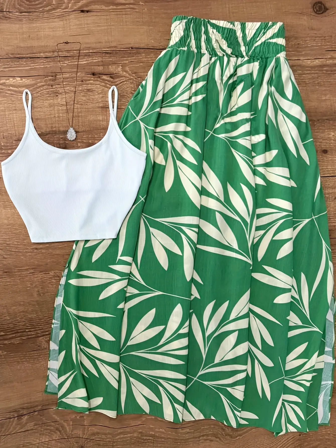 Women’s Green Leaf Print Cami and Skirt Set gallery view