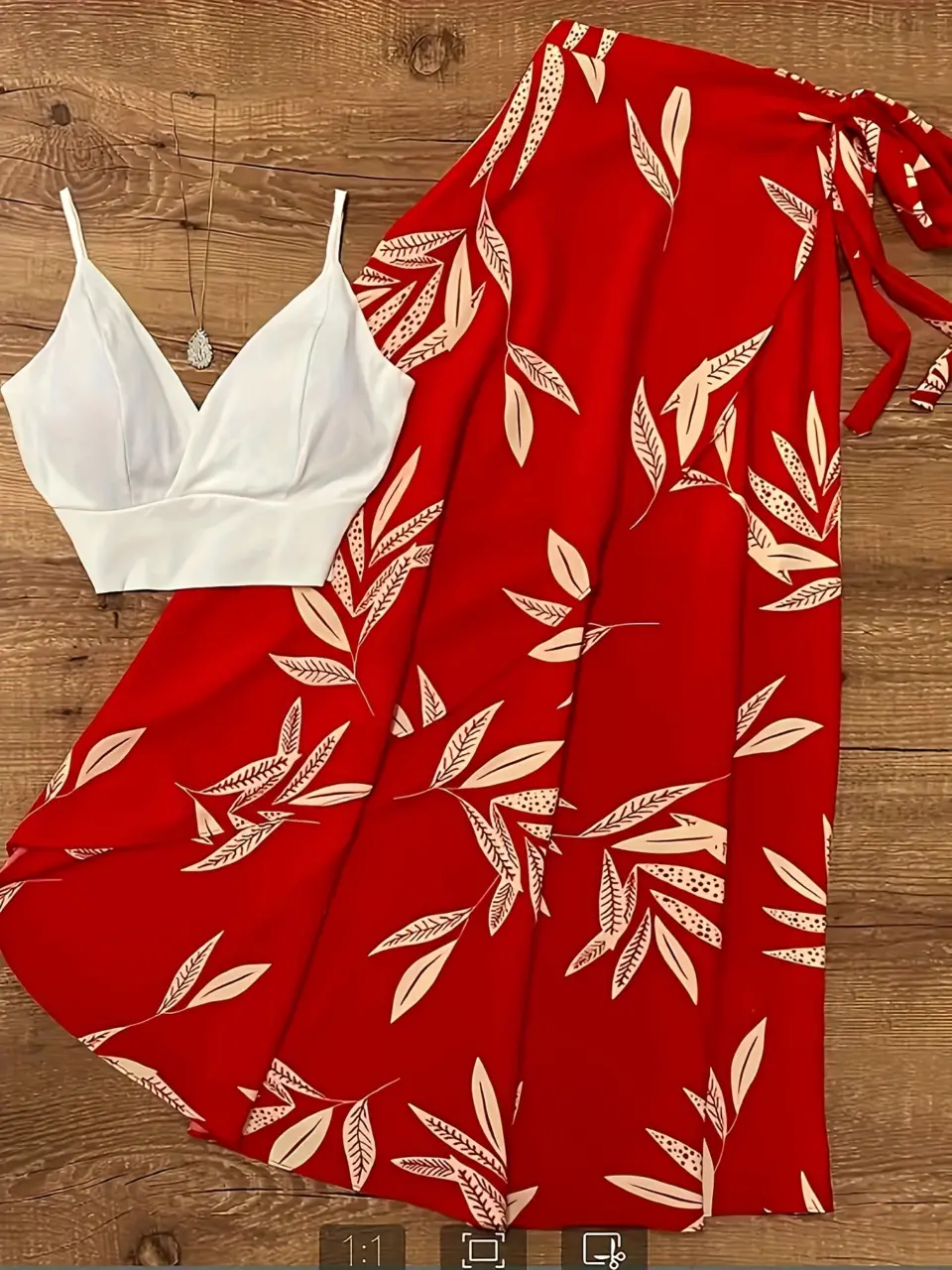 Women's Red Botanical Cami and Skater Skirt Set
