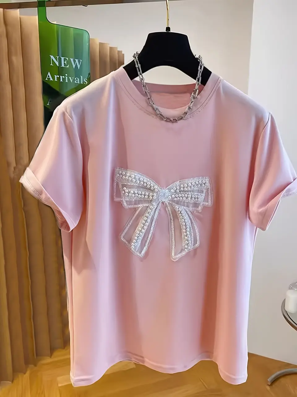 Women's Pink Bow and Faux Pearl Applique T-Shirt