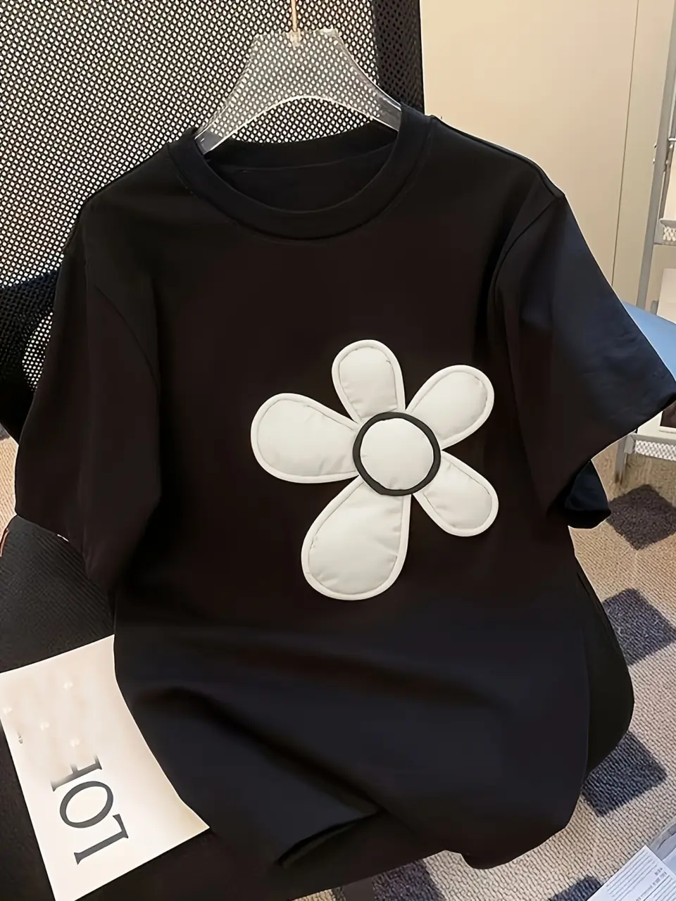 Women's Black French-Inspired 3D Floral T-Shirt