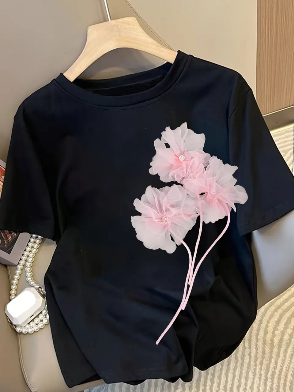 Women's Black T-Shirt with Pink 3D Flower Appliques