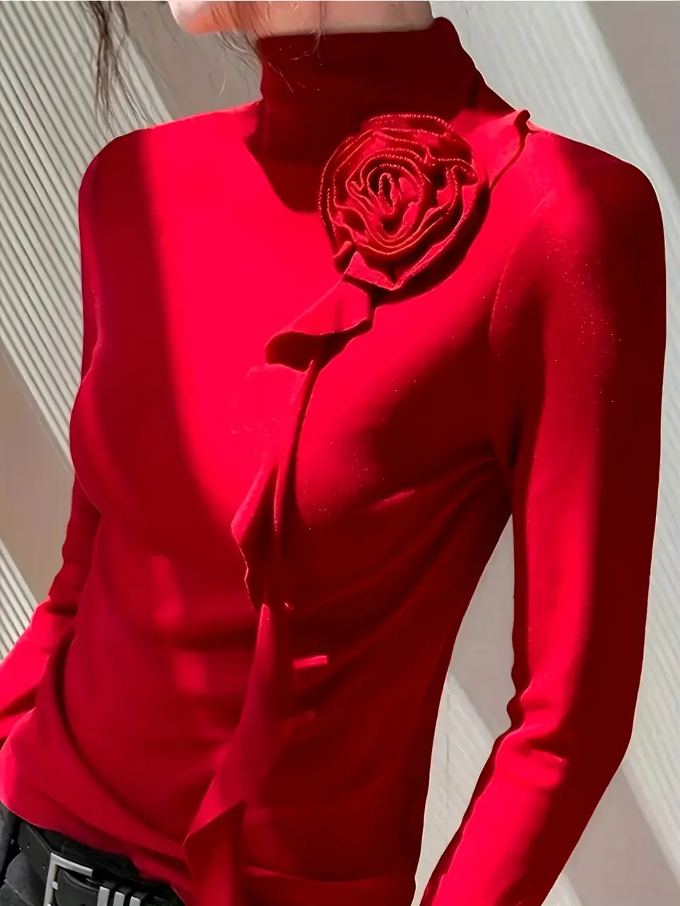 Women's Red Long Sleeve Top with 3D Rose Applique
