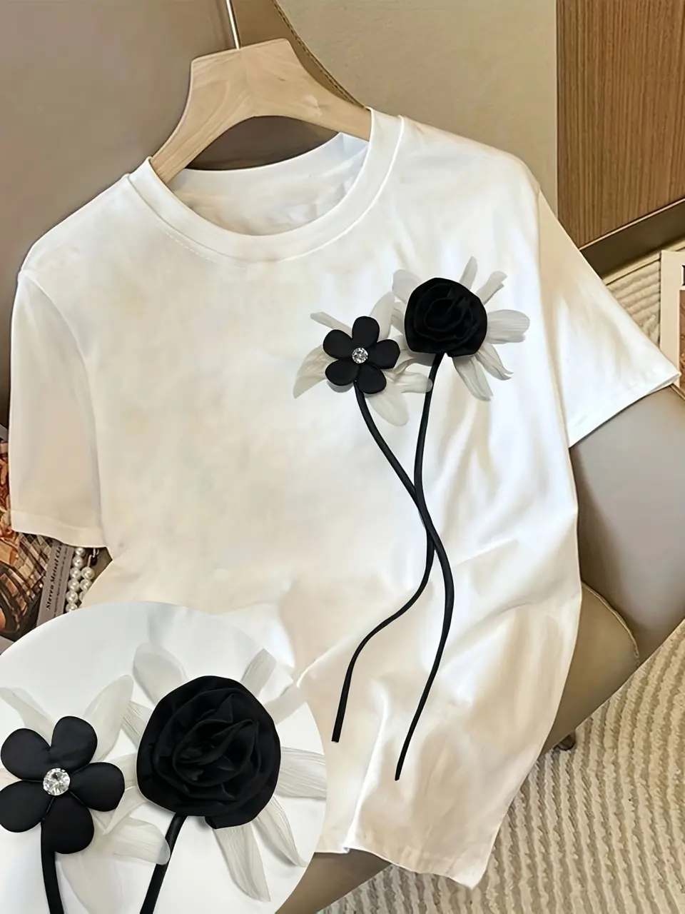 Women's White 3D Floral Applique Crew Neck T-Shirt