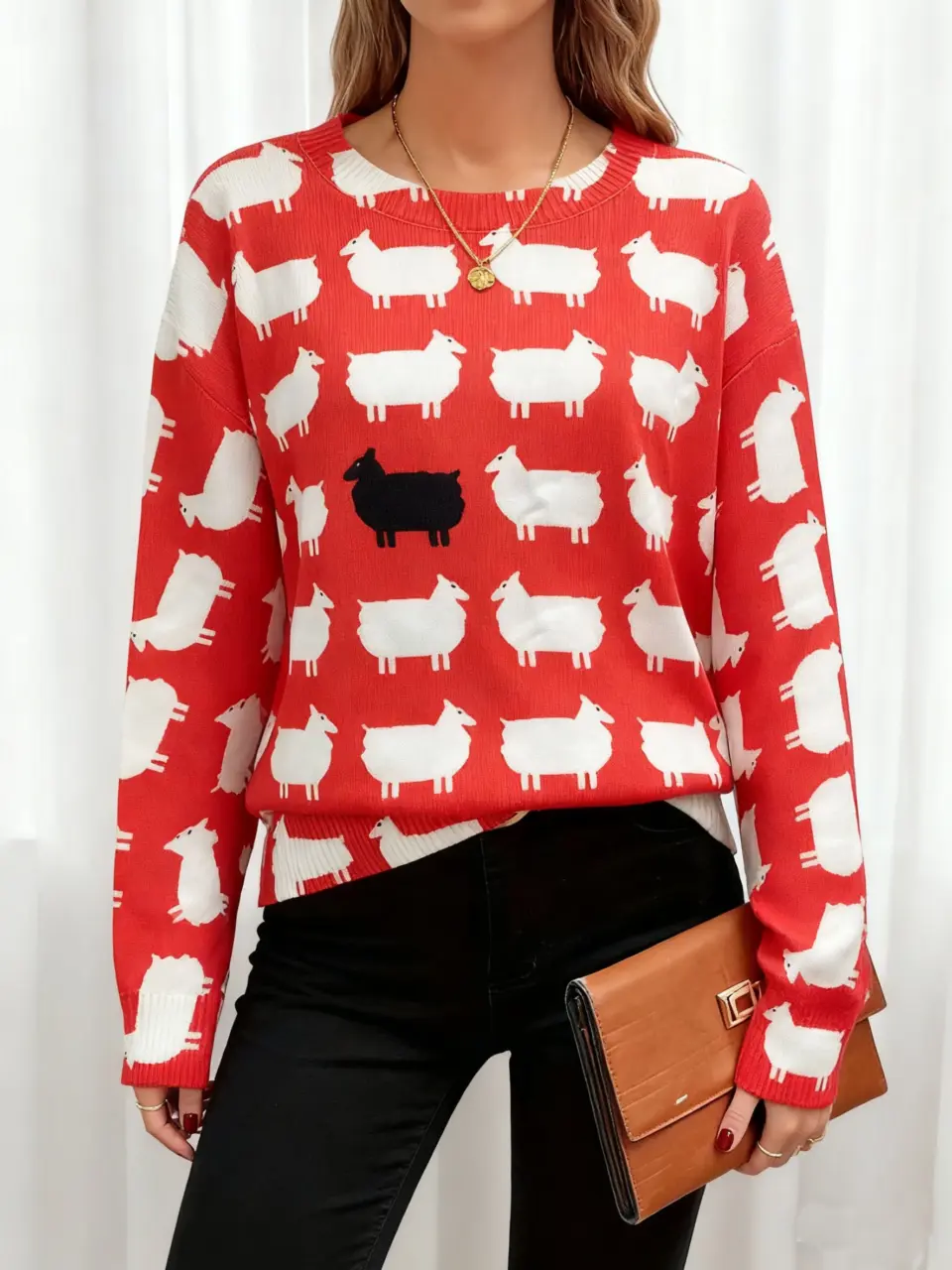 Women's Red Graphic Long Sleeve Knit Top
