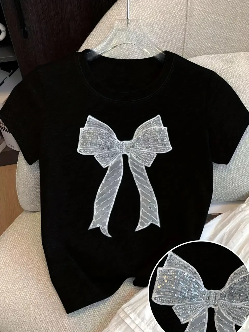 Women's Black Sequin Bow Embroidered T-Shirt