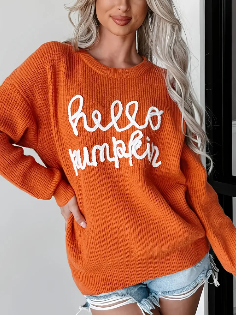 Women's Orange Hello Pumpkin Holiday Knit Sweater