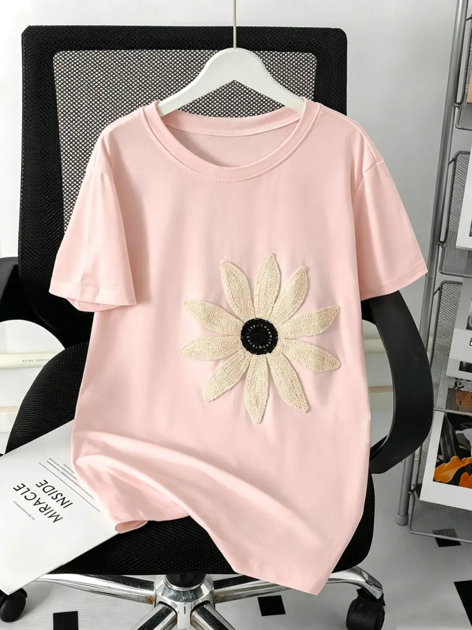 Women's Crochet Sunflower Applique T-Shirt