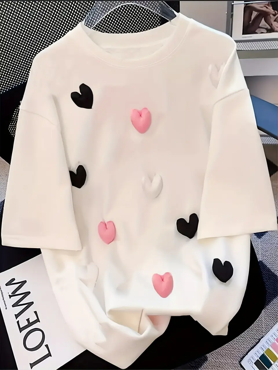 Women's White 3D Heart Applique Crew Neck T-Shirt
