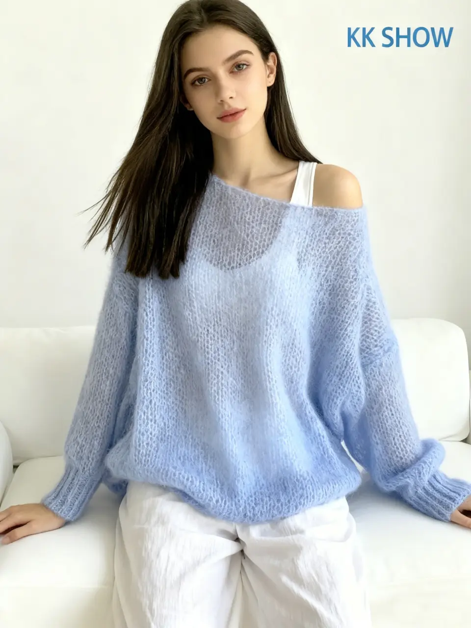 Women's Sky Blue Off-Shoulder Knit Sweater