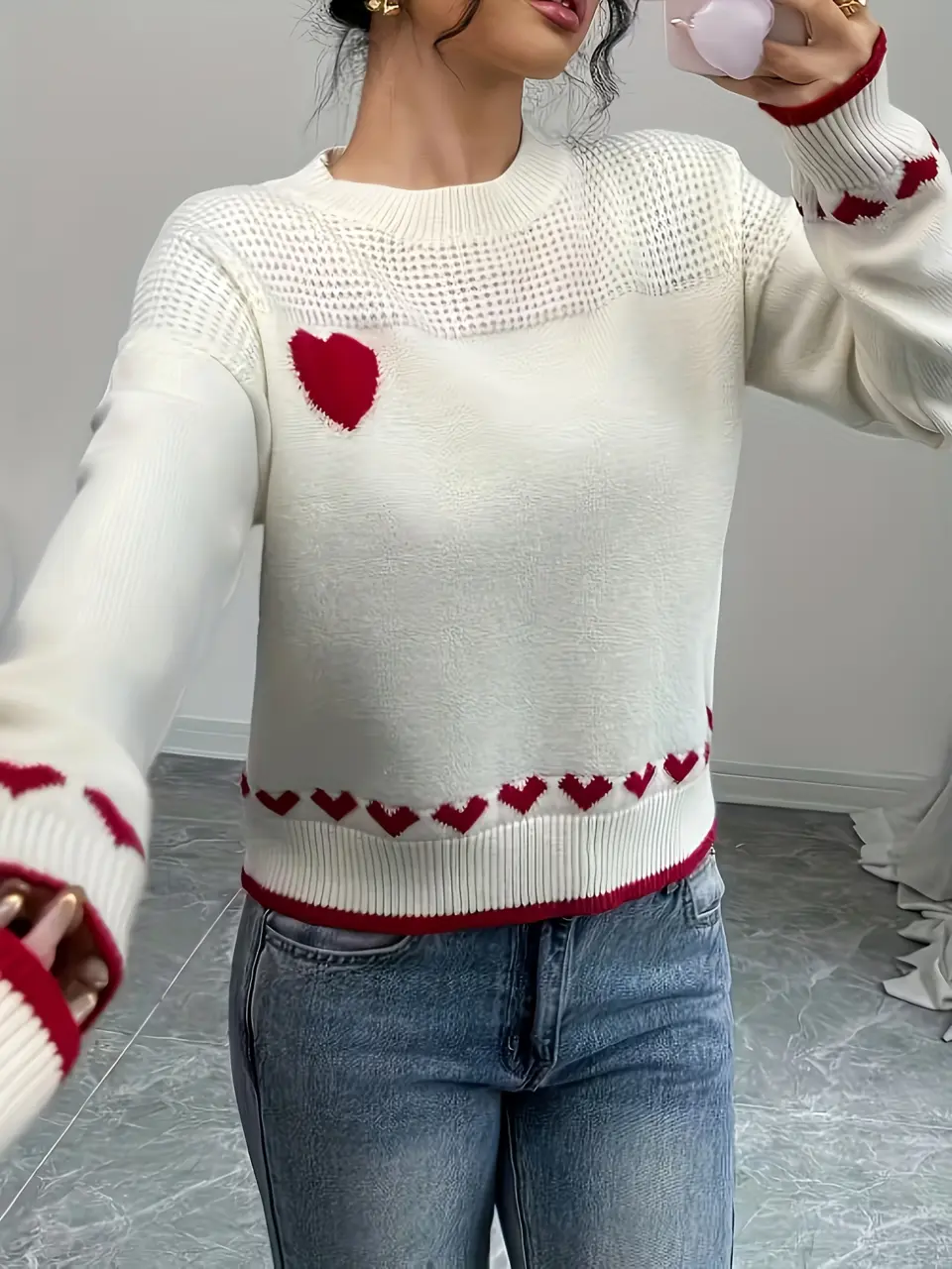 Women's White Heart Pattern Long Sleeve Sweater