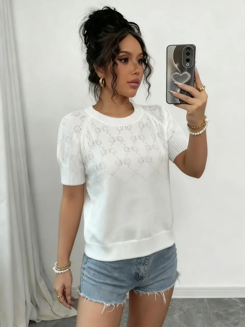 Women's White Openwork Short Sleeve Knit Top