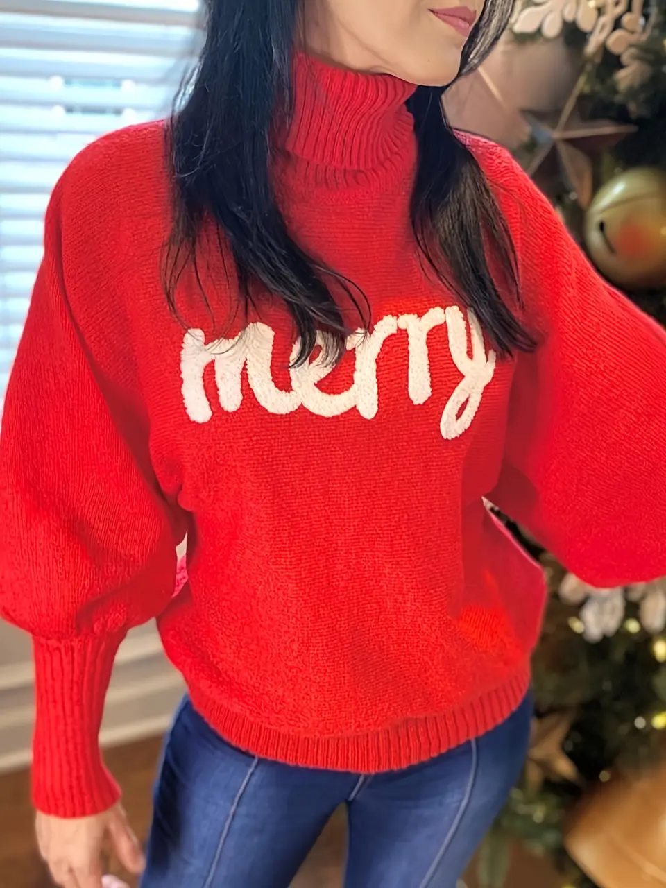 Women's Red Merry Embroidered Batwing Sweater
