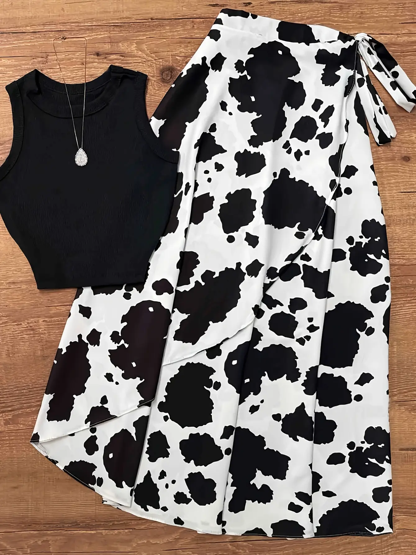 Women's Cow Print Tank Top and Skater Skirt Set