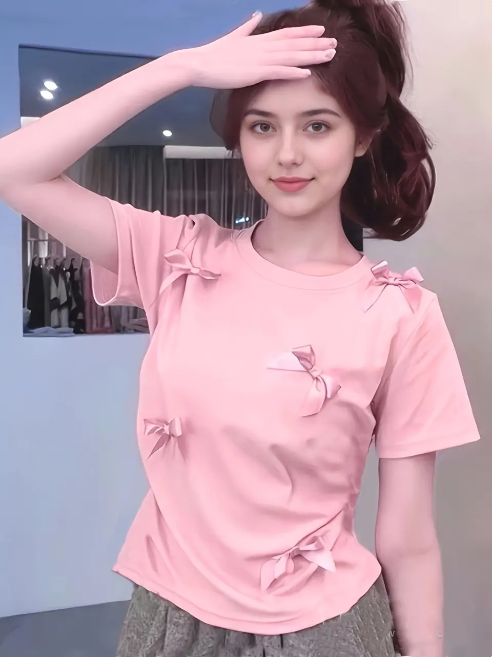 Women's Pink Bow Applique Crew Neck T-Shirt