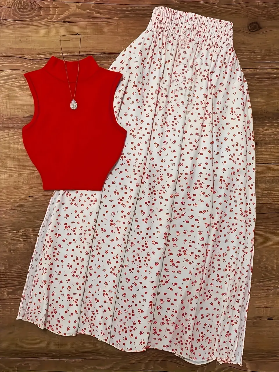 Women's Mock Neck Top and Red Floral Skirt Set