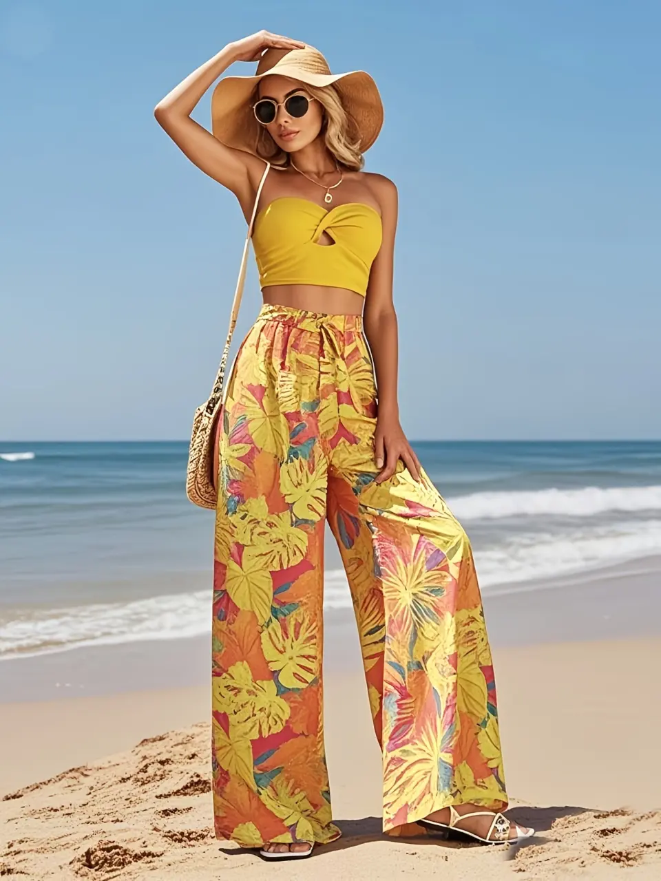 Women's Yellow Tropical Bandeau and Pants Set