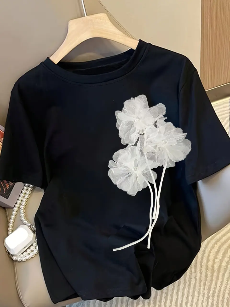 Women's Black 3D Floral Applique Crew Neck T-Shirt