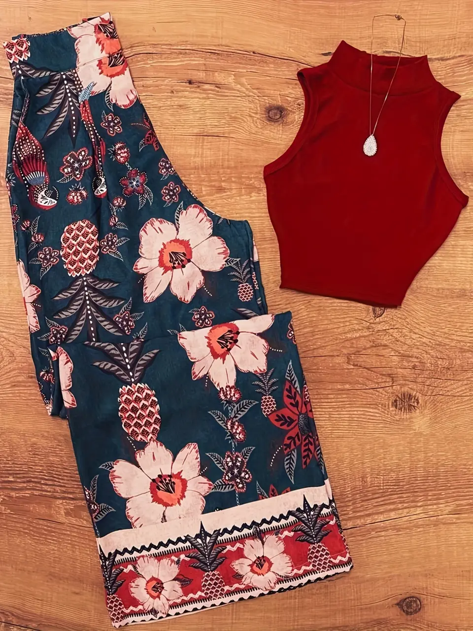 Women's Red Floral Tank and Wide-Leg Pants Set