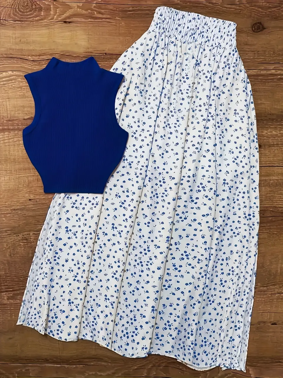 Women's Mock Neck Top and Blue Floral Skirt Set