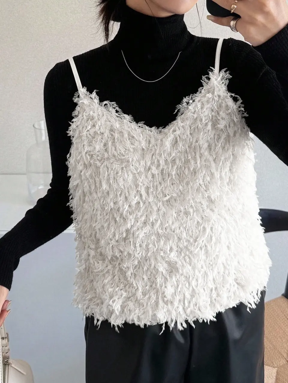 Women's White Fuzzy Cropped Tie-Back Camisole