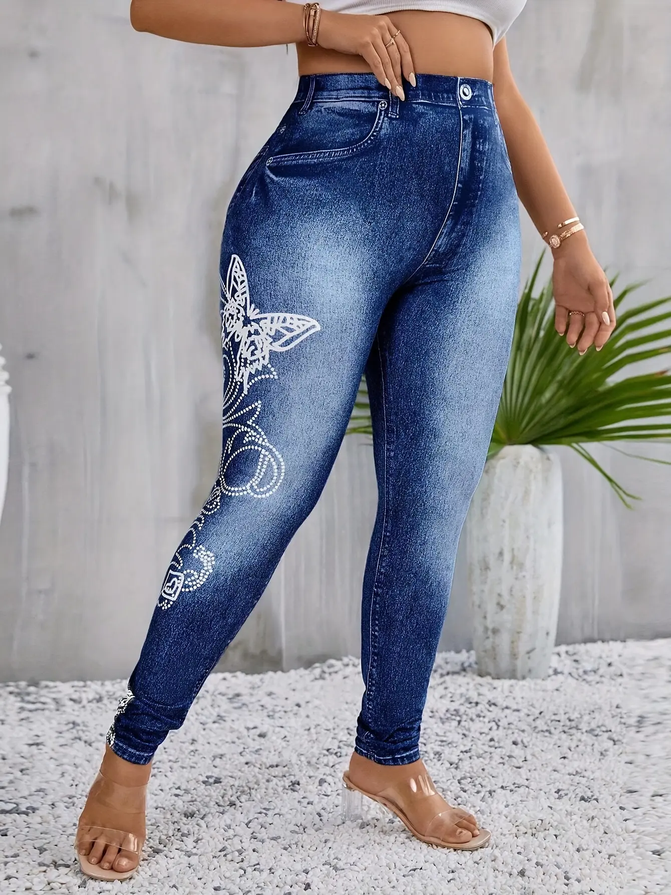 Women’s Butterfly Print Faux Denim Stretch Leggings gallery view