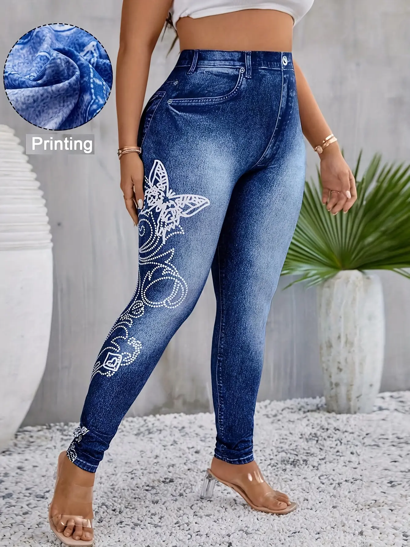 Women's Butterfly Print Faux Denim Stretch Leggings