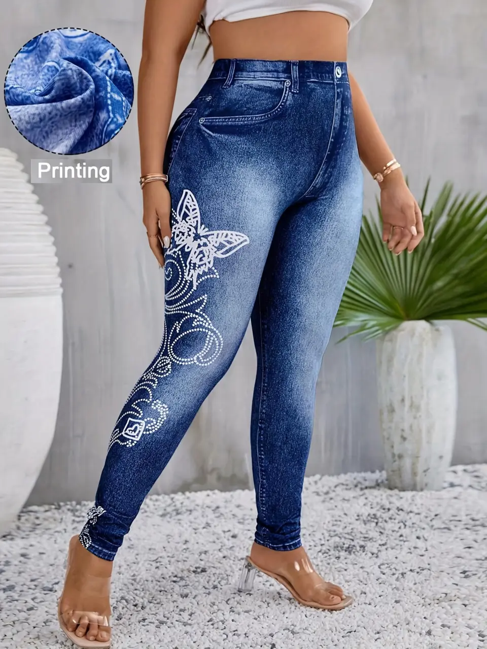 Women's Butterfly Print Faux Denim Stretch Leggings