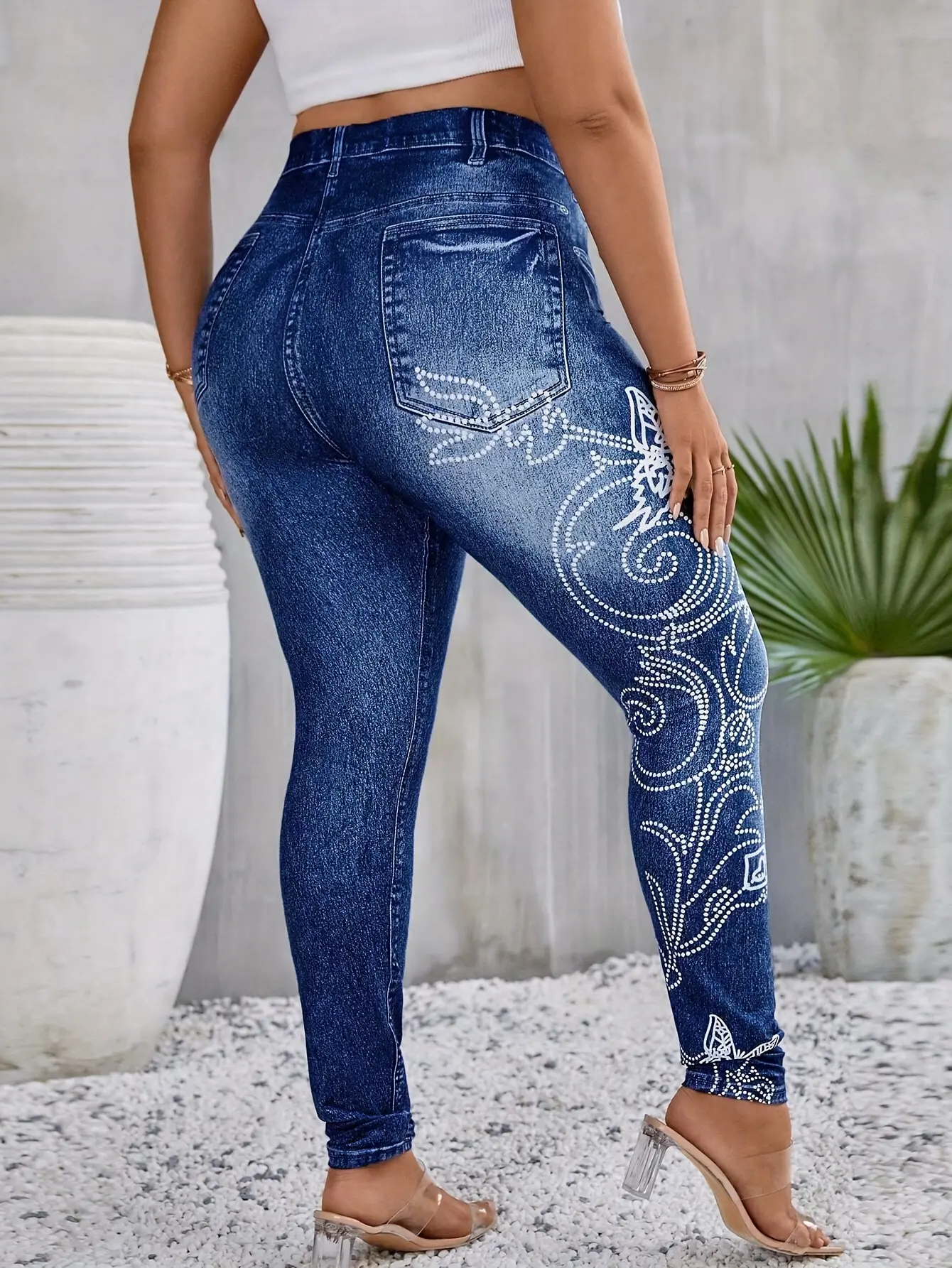 Women’s Butterfly Print Faux Denim Stretch Leggings gallery view