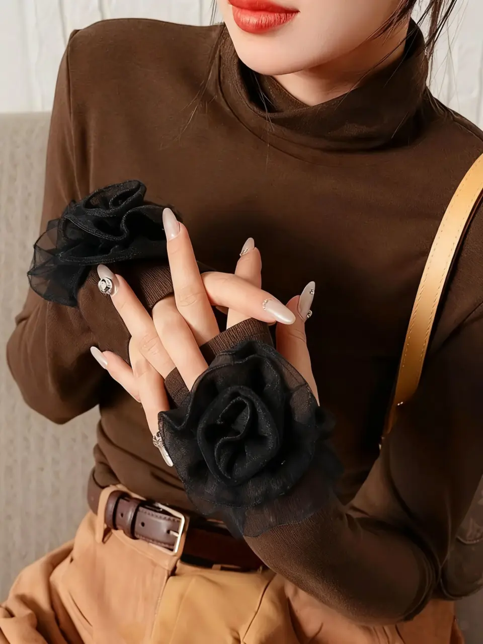 Women's 3D Floral Applique Mock-Neck Long-Sleeve Top