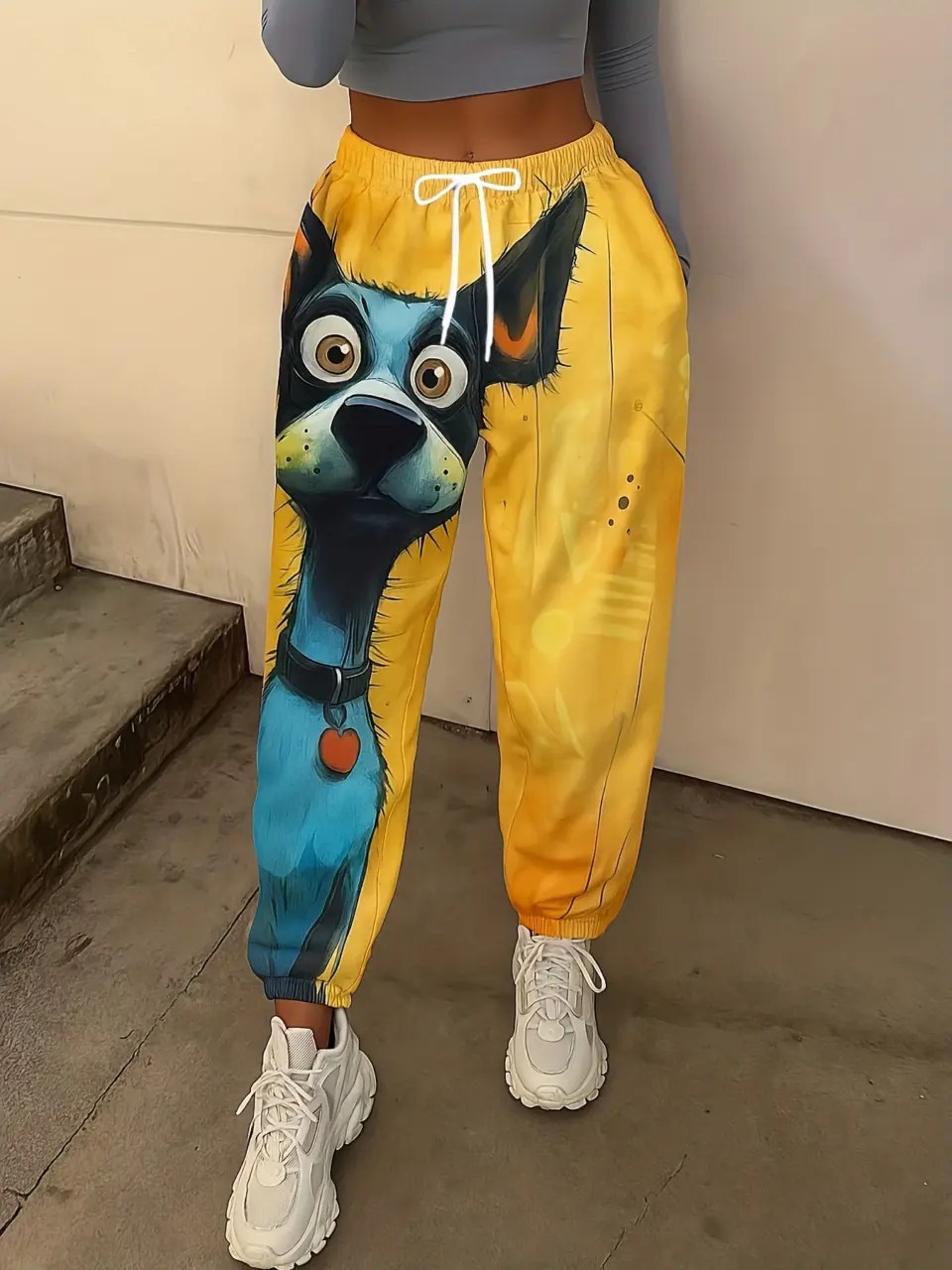Women's Cartoon Dog Print Drawstring Jogger Pants