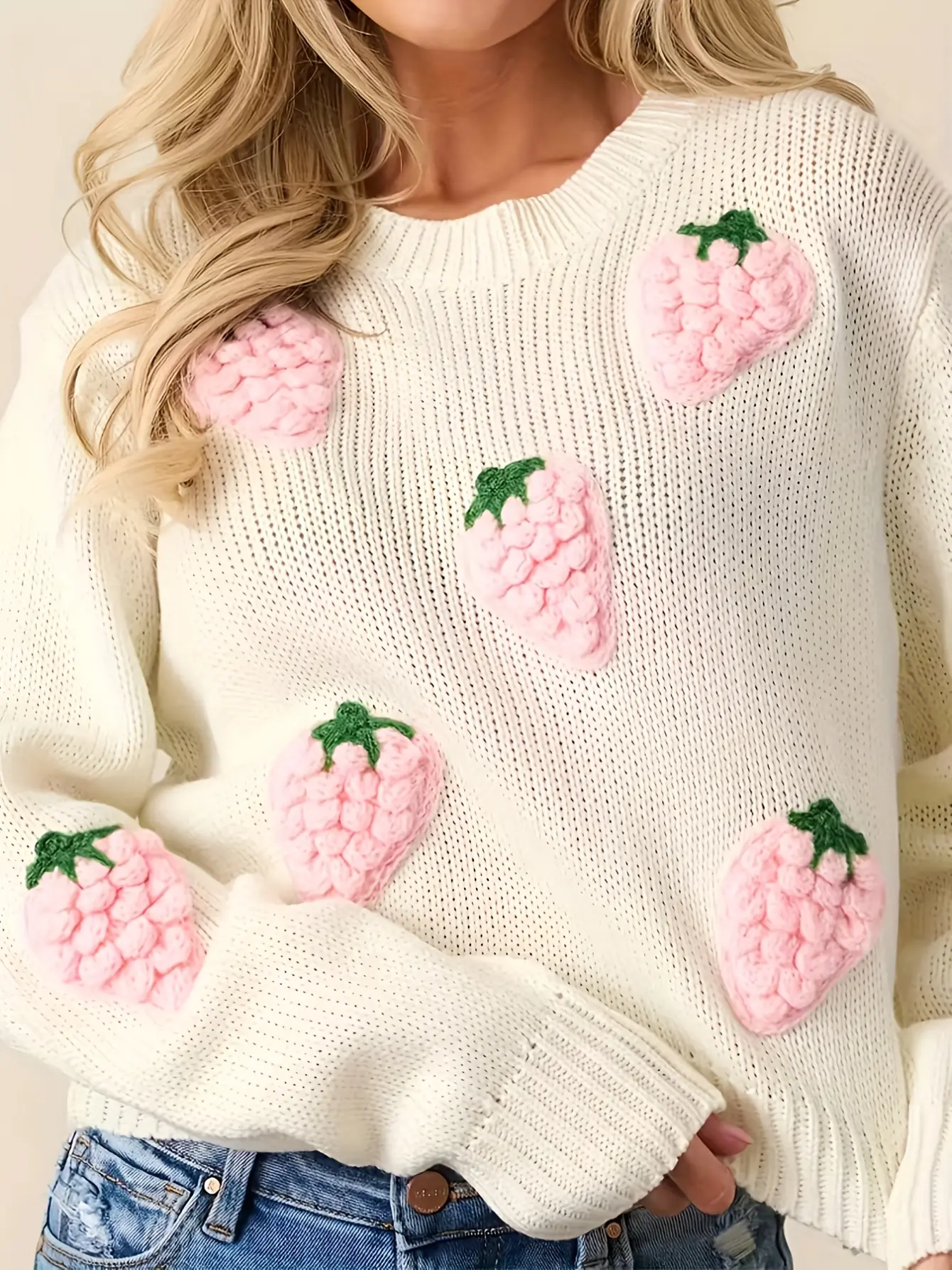 Women’s White Strawberry Applique Crewneck Sweater gallery view