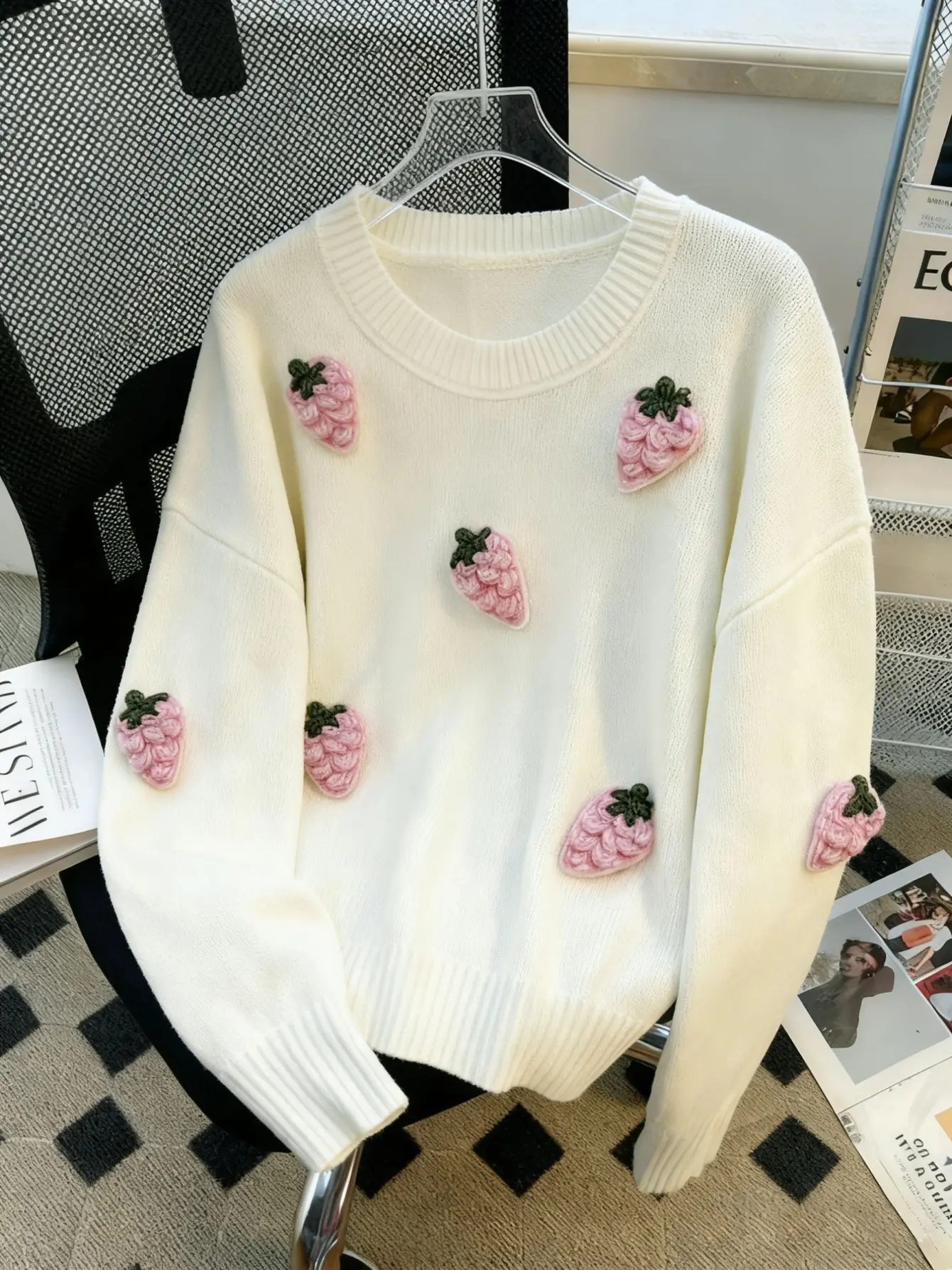 Women’s White Strawberry Applique Crewneck Sweater gallery view