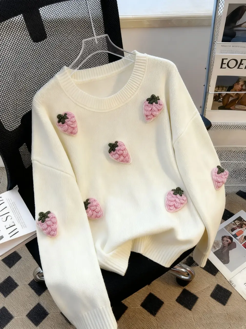 Women's White Strawberry Applique Crewneck Sweater
