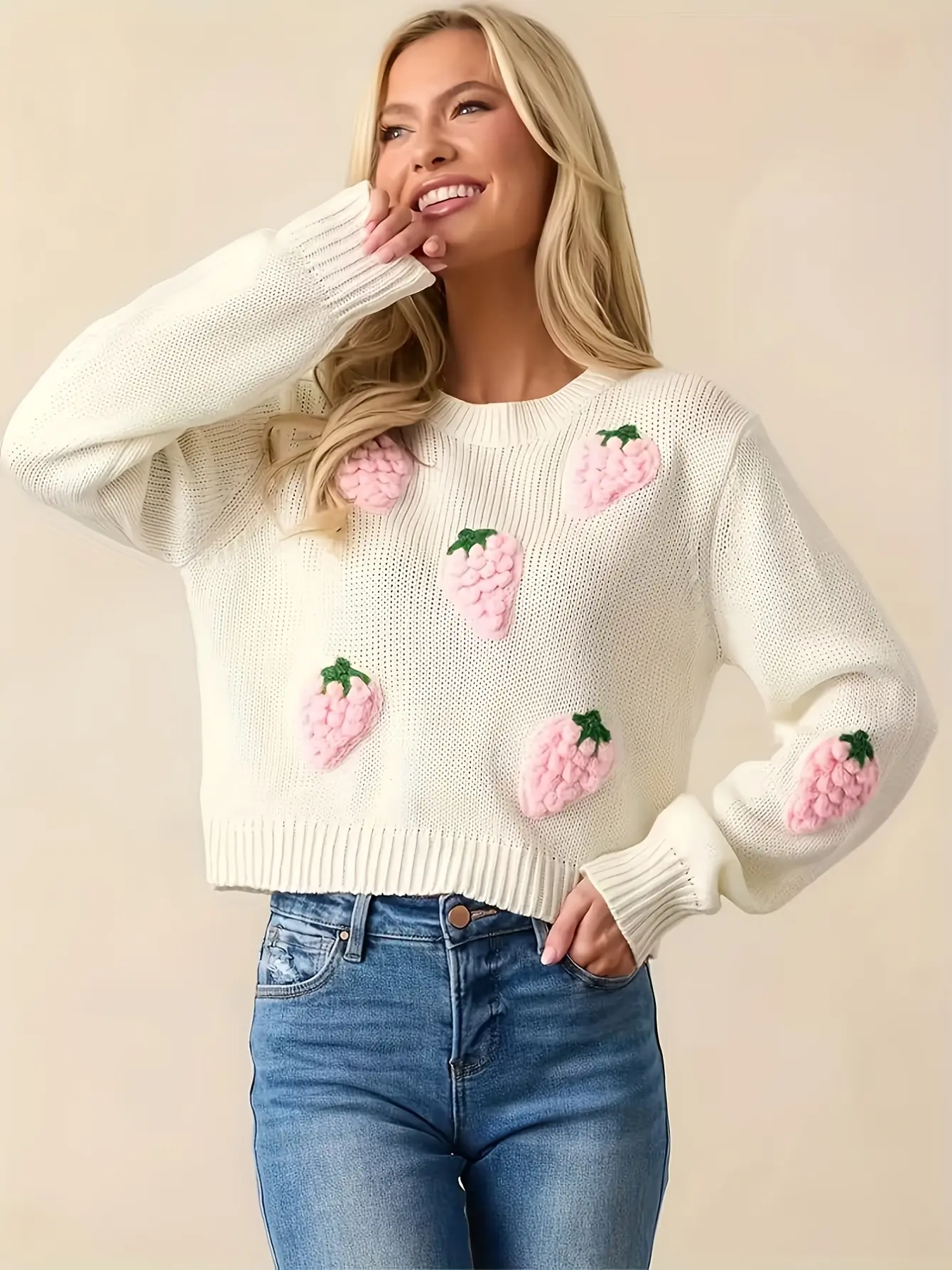 Women’s White Strawberry Applique Crewneck Sweater gallery view