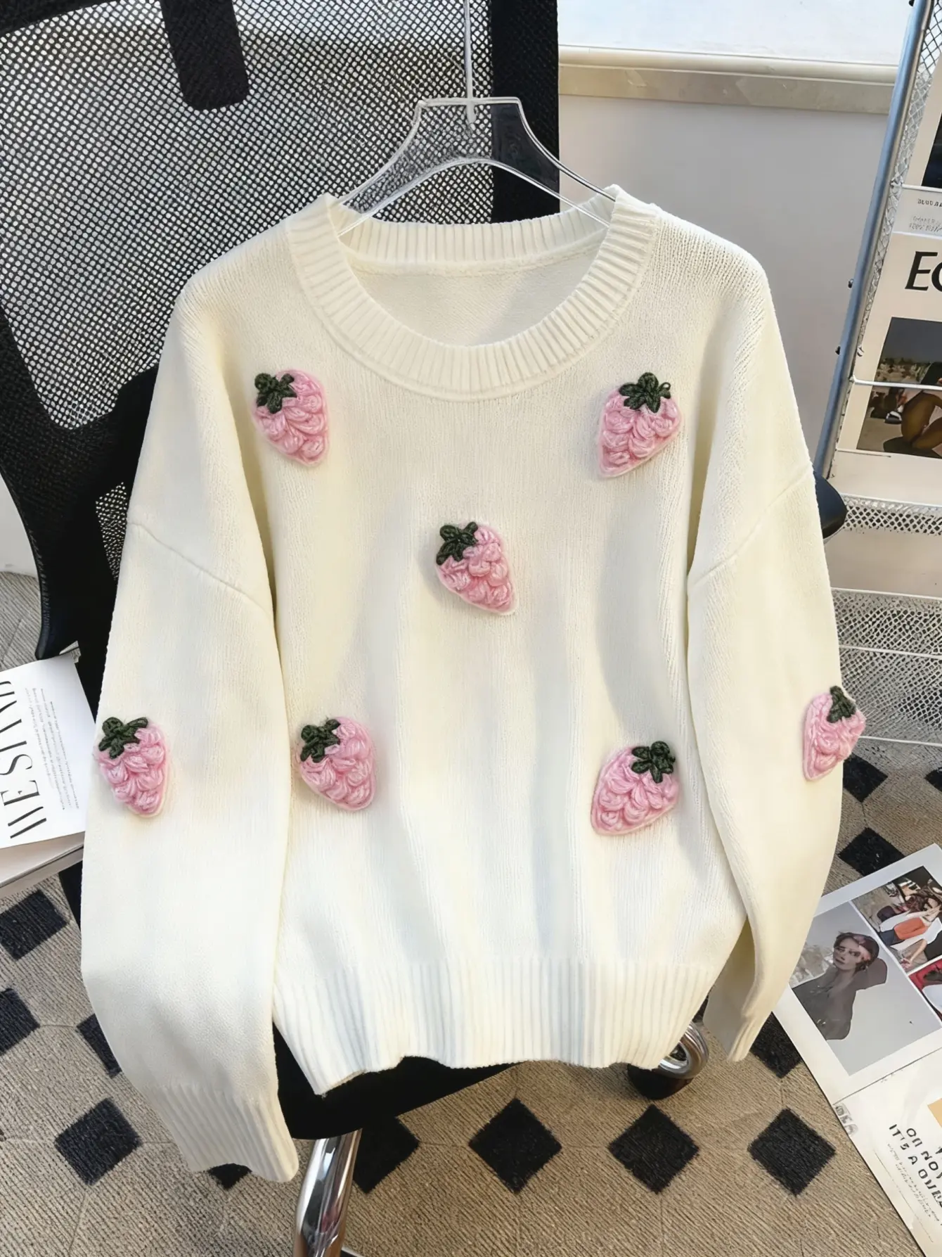 Women’s White Strawberry Applique Crewneck Sweater gallery view