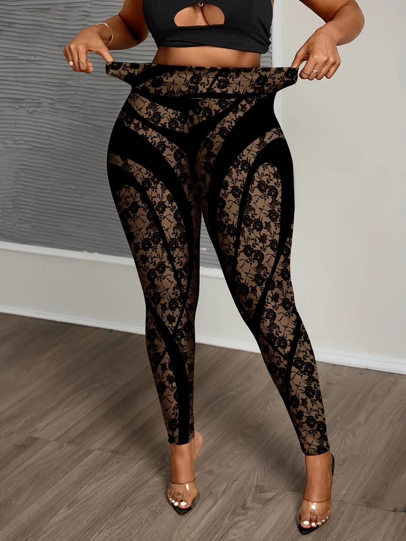 Women’s Black Lace Print Faux Denim Stretch Leggings gallery view