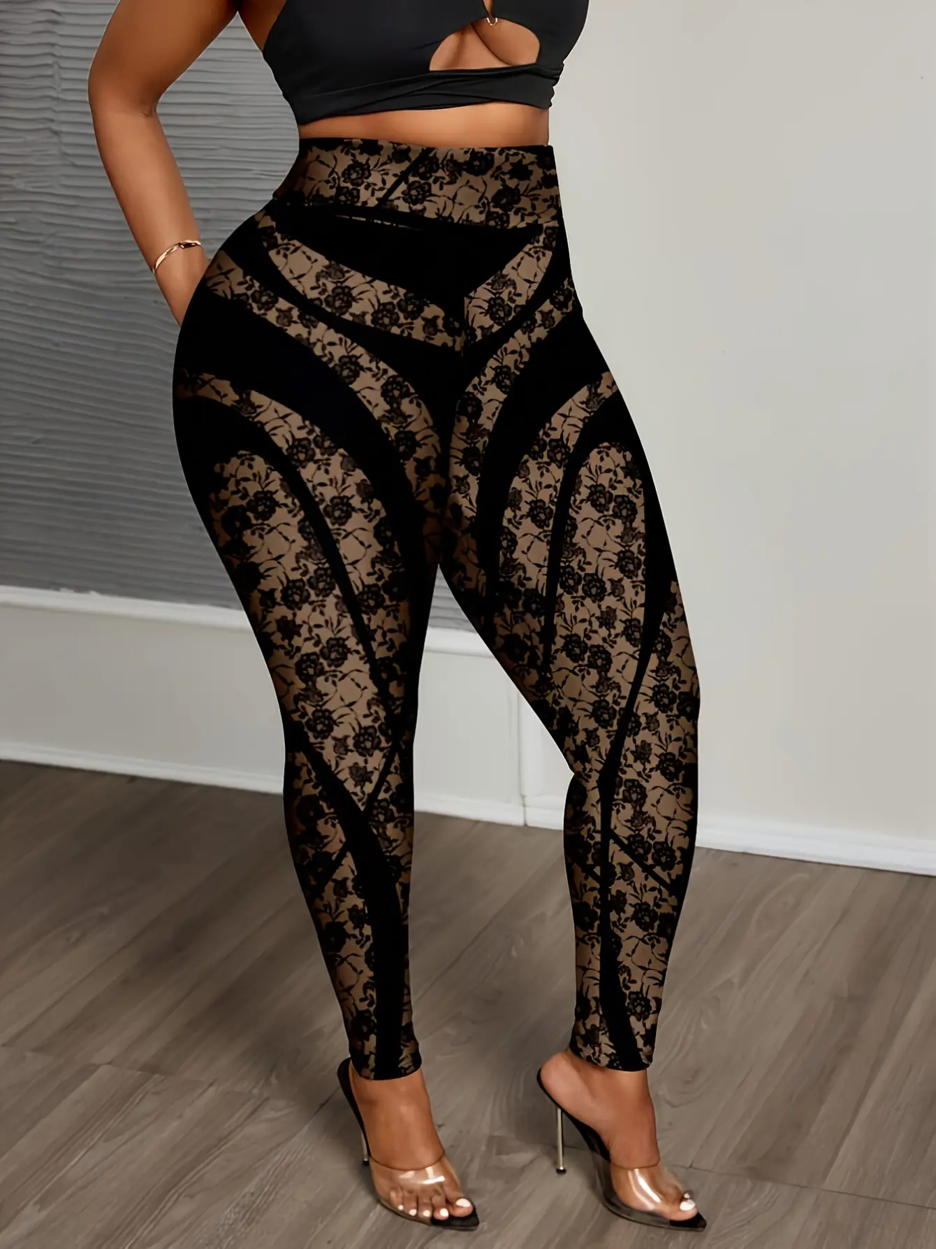 Women’s Black Lace Print Faux Denim Stretch Leggings gallery view