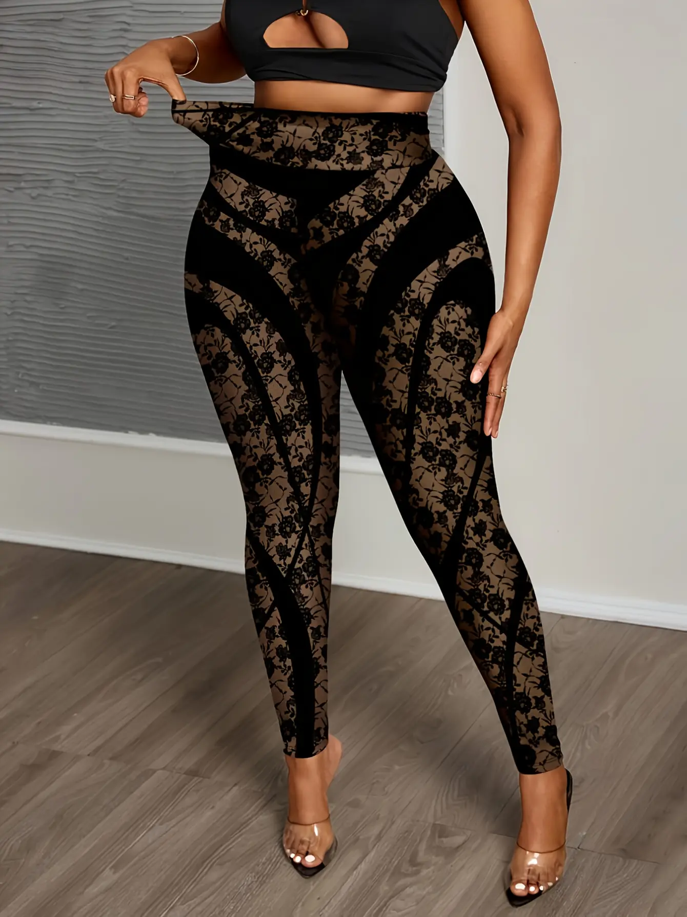 Women’s Black Lace Print Faux Denim Stretch Leggings gallery view