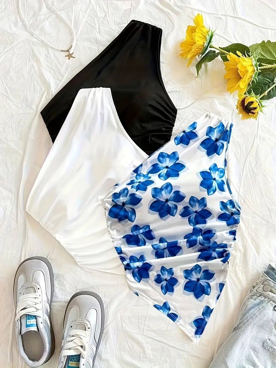 Women's Three-Pack Floral One-Shoulder Asymmetric Tops