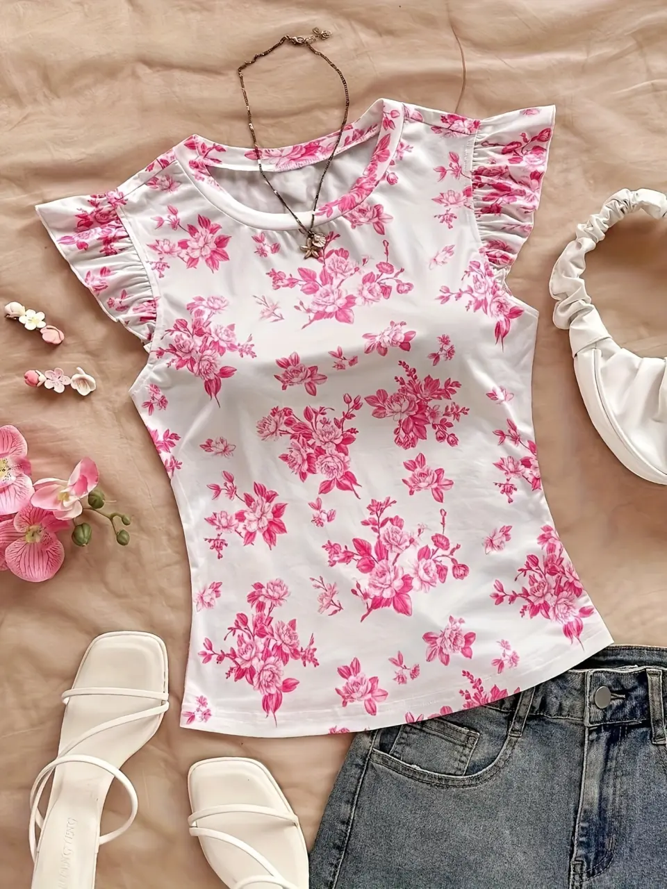 Women's Tropical Floral Flutter-Sleeve Top