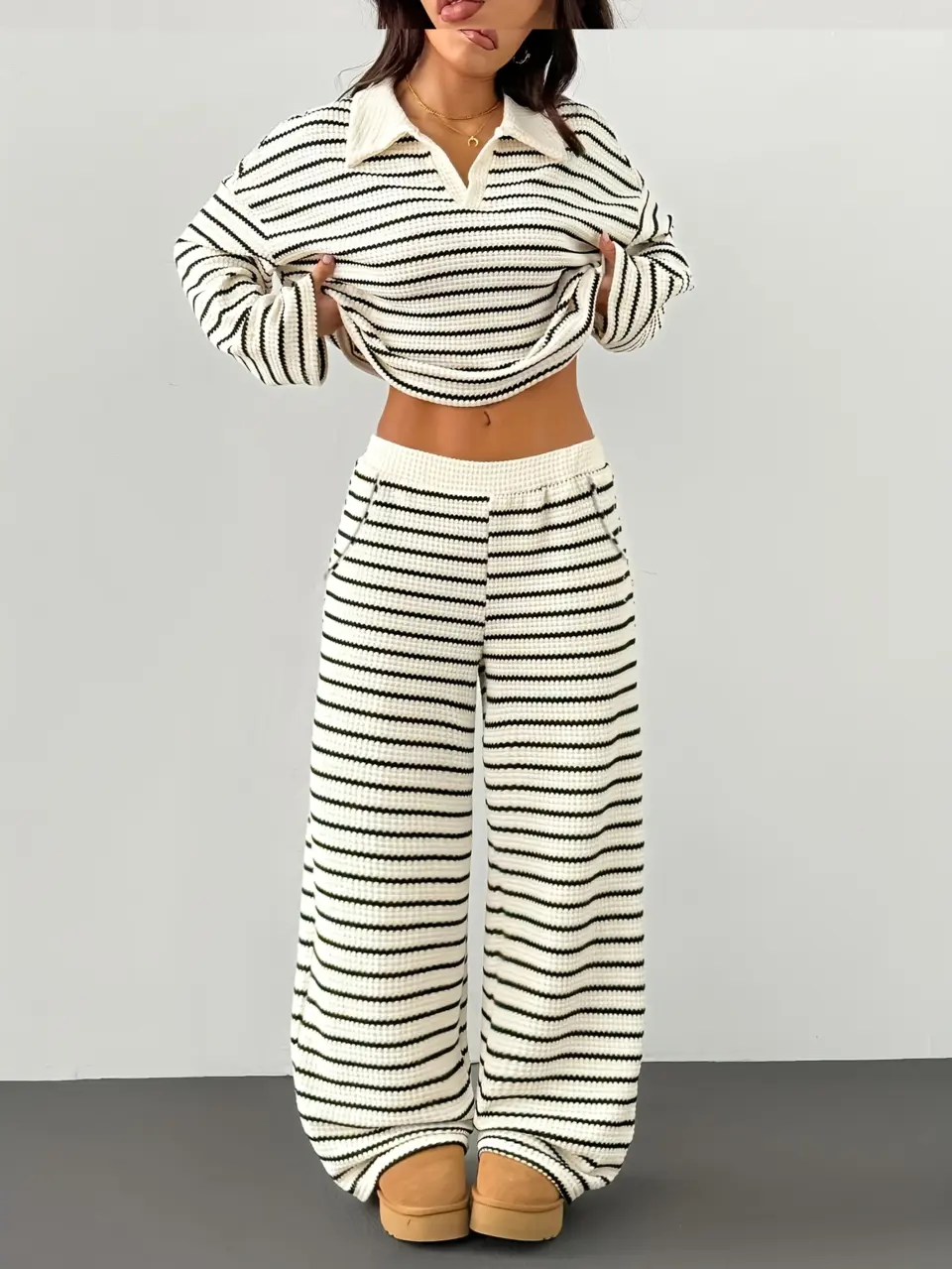 Women's Striped V-Neck Knit Top and Pants Set