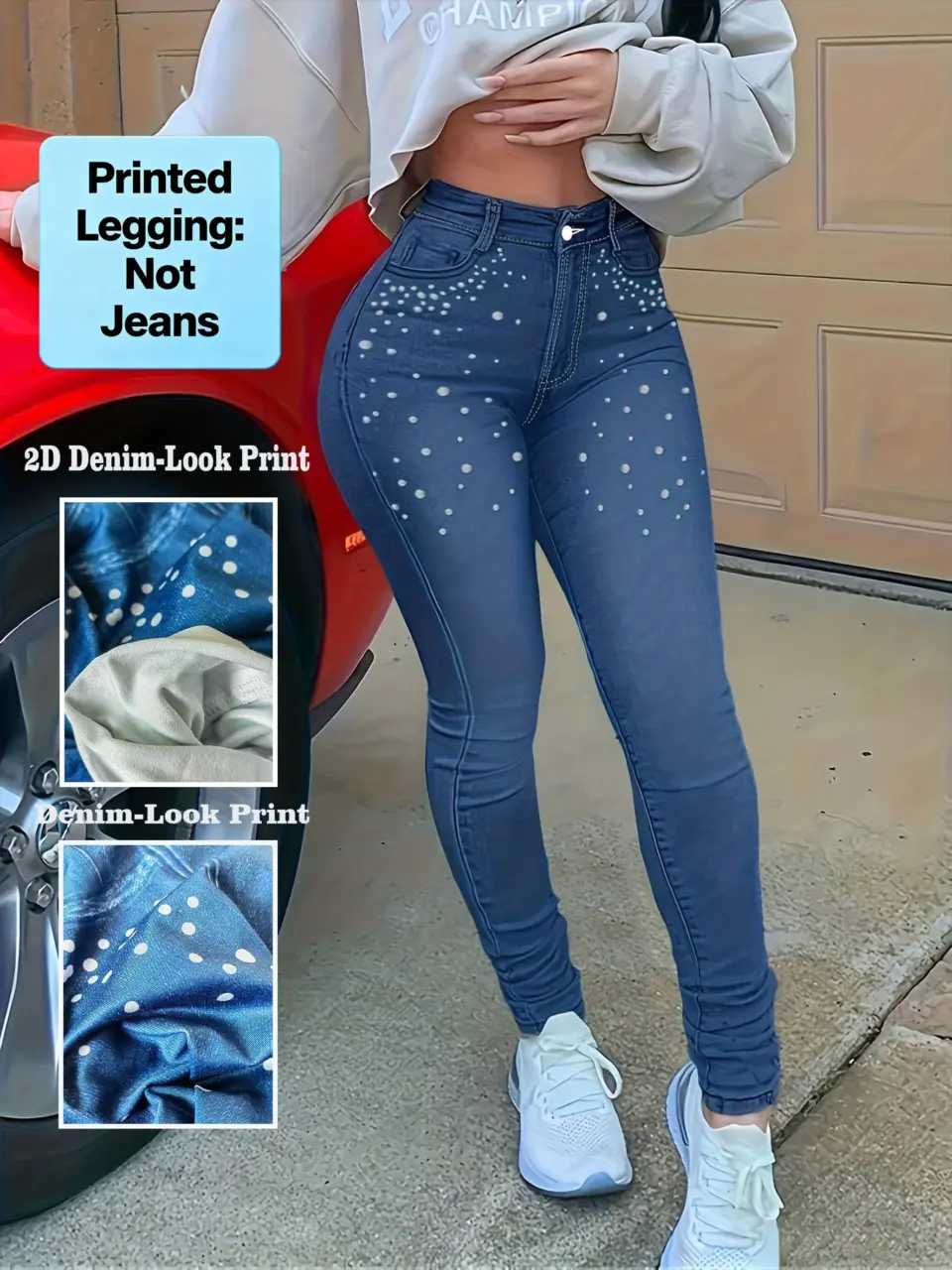 Women's Rhinestone-Look Faux Denim Print Leggings
