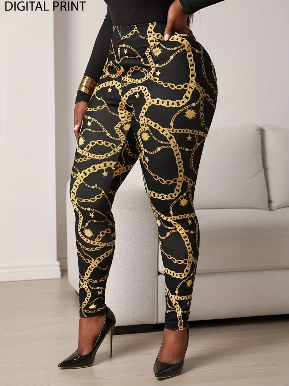 Women's Black Chain Print High-Waist Leggings