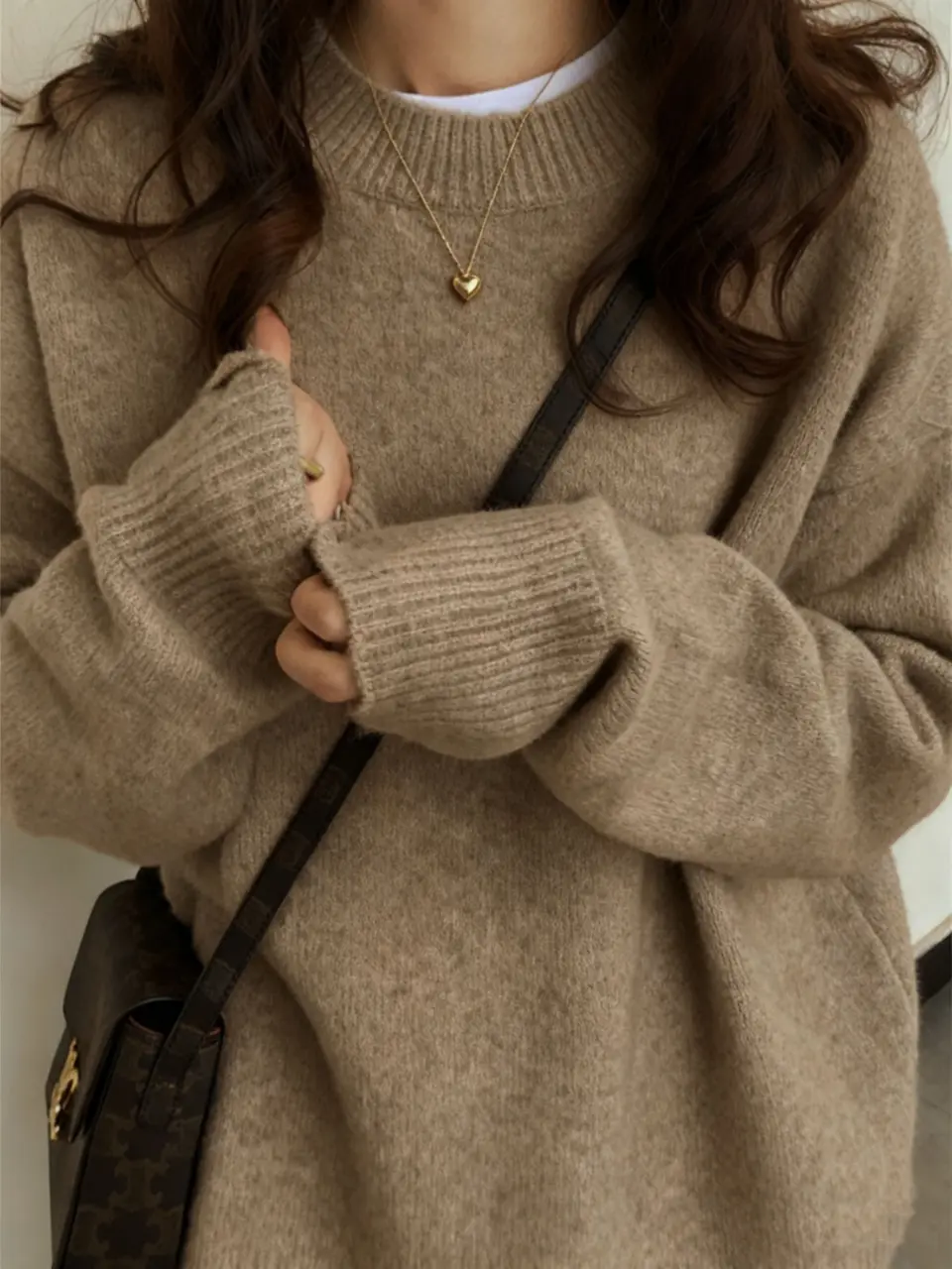 Women's Camel Oversized Crewneck Knit Sweater