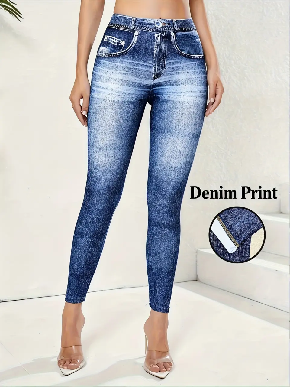 Women's High-Waist Faux Denim Print Stretch Leggings