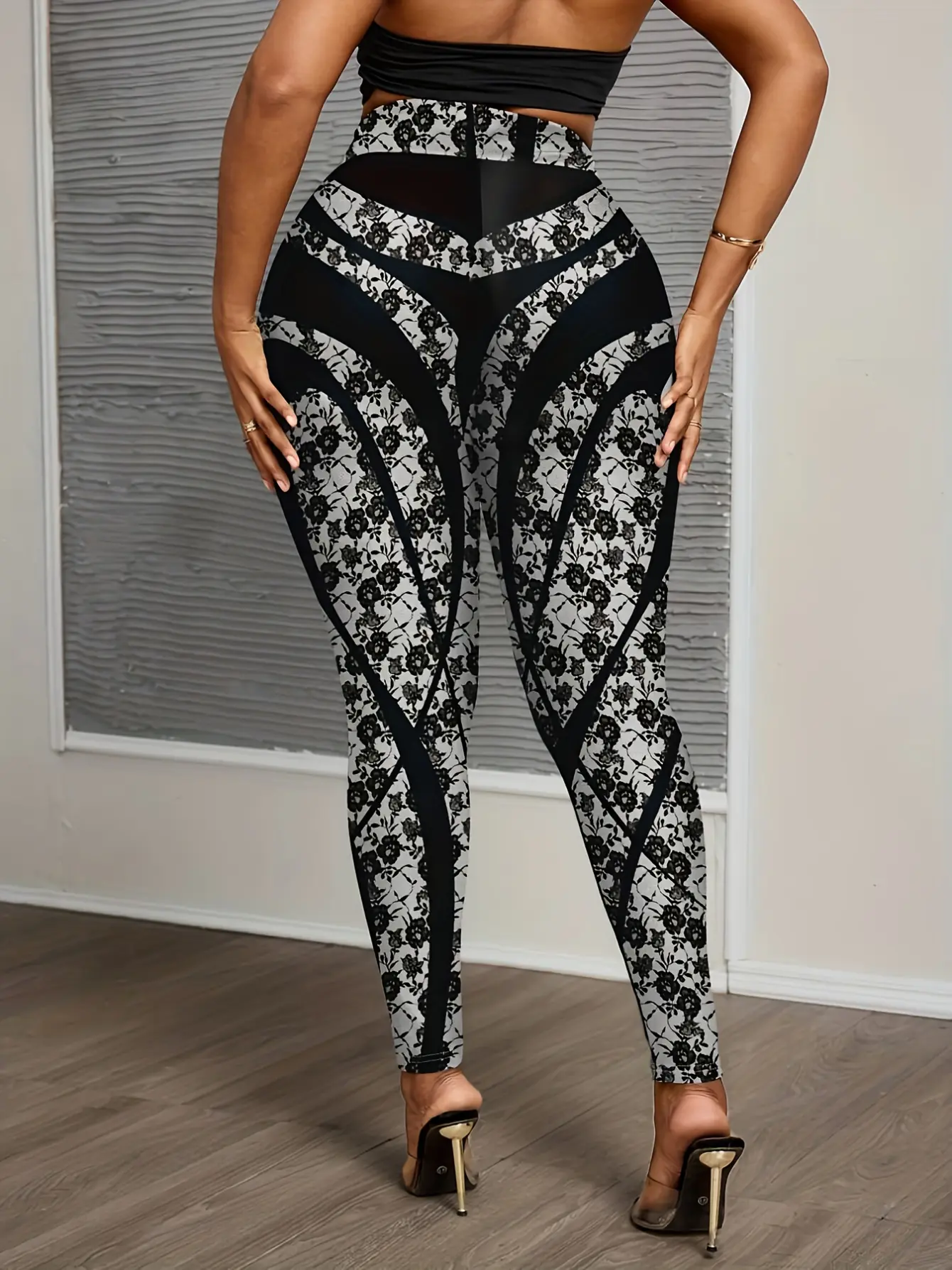 Women’s Black Lace-Look Print High-Waist Leggings gallery view