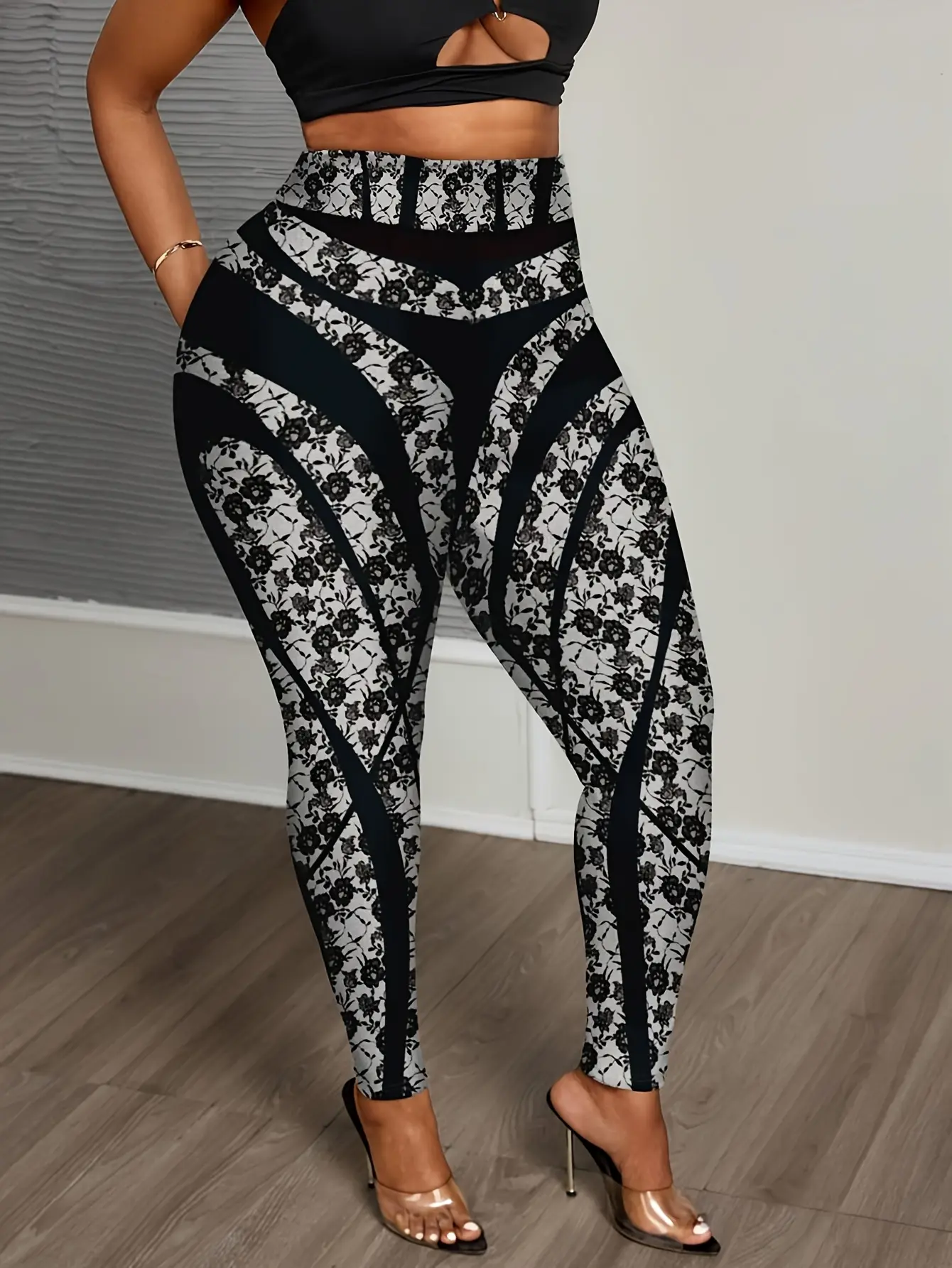 Women’s Black Lace-Look Print High-Waist Leggings gallery view
