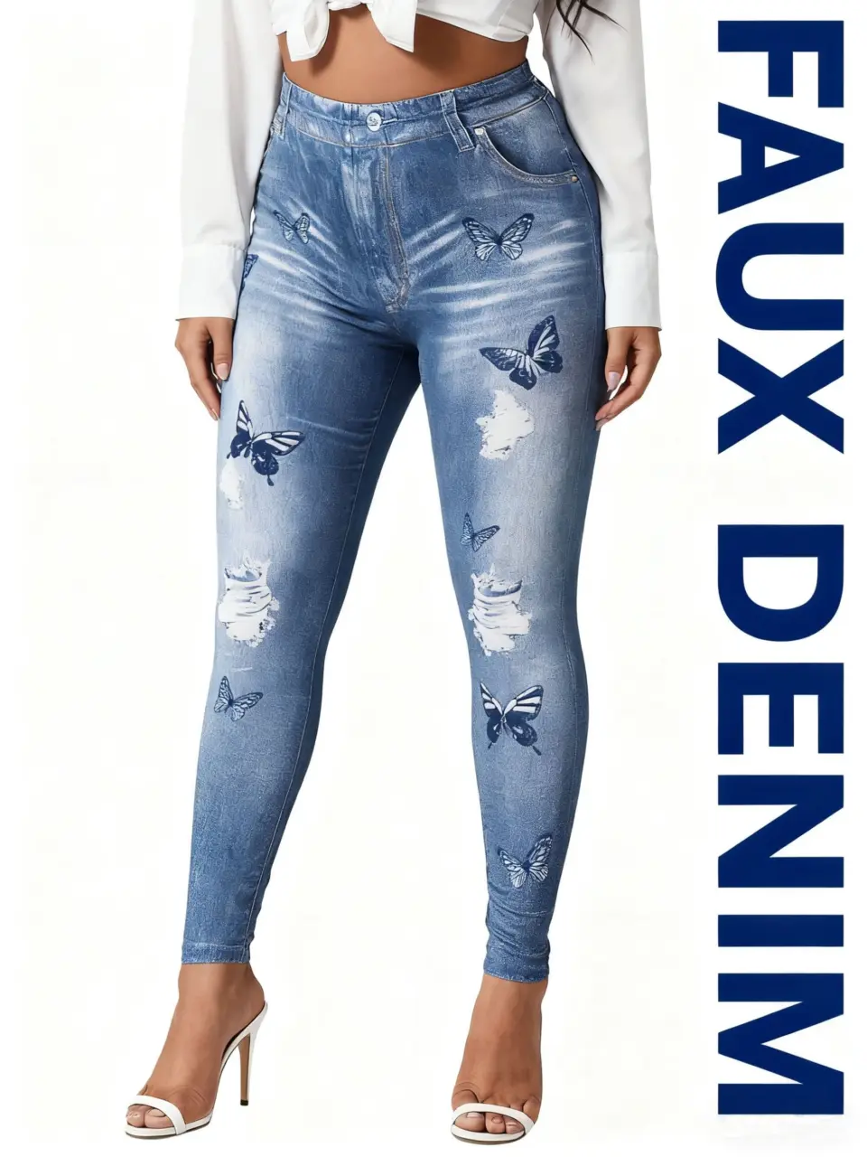 Women's Butterfly Distressed Faux Denim Print Leggings